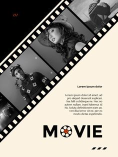 a movie strip with the words movie written in black and white, on top of it