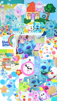 a collage of various stuffed animals and toys