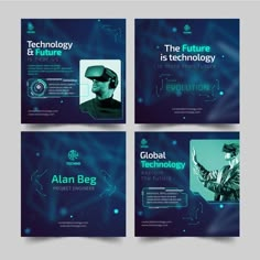 four square brochures with an image of a man in virtual glasses and the words, technology is technology