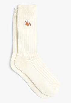 Football Applique Crew Socks - Materials & Care:imported - 92% acrylic 6% polyester 2% spandex - machine wash Comfortable Cotton Socks For Fall, Cream Ribbed Socks For Winter, Cream Ribbed Winter Socks, Casual Soft Knit Socks For Stocking Stuffers, Beige Cotton Socks For Winter, Cozy Cotton Ribbed Socks, Cozy Ribbed Cotton Socks, Casual White Hosiery For Winter, White Casual Winter Hosiery