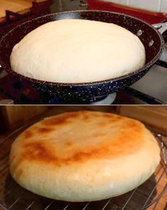 two pictures side by side with bread in a pan