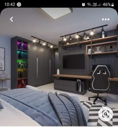 a bedroom with a bed, desk and shelves in the corner that have lights on them