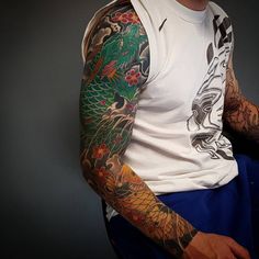 a man with tattoos on his arm and shoulder