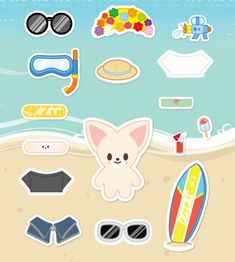 an image of a beach scene with stickers on the sand and various items in the background