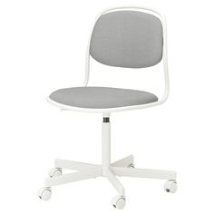 an office chair with wheels and a grey seat pad on the back, viewed from the front