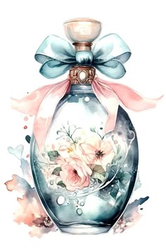 a watercolor painting of a perfume bottle with flowers on the inside and a bow