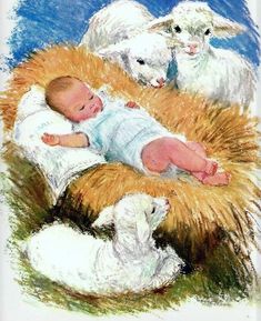 a drawing of a baby laying on top of hay next to sheep