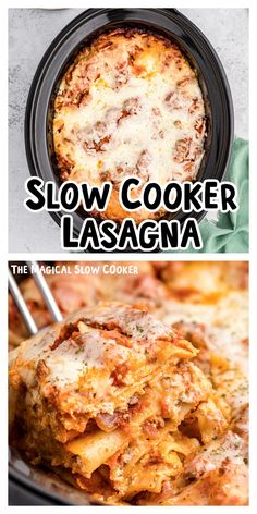 slow cooker lasagna recipe with the title above it