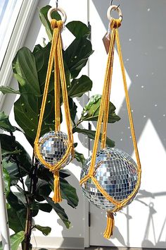 two disco ball hanging from strings in front of a window with potted plant next to it