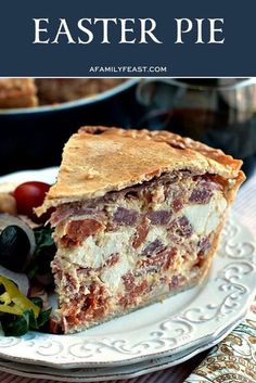 a slice of meat pie on a plate with other food items in the background and text overlay