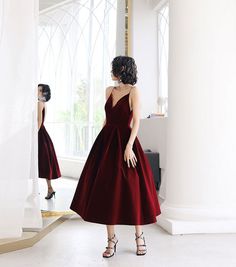 Burgundy v neck velvet short prom dress sold by Little Cute on Storenvy Simple Party Dress, Tea Length Prom Dress, Prom Dresses Simple, V Neck Prom Dresses, Velvet Shorts, Burgundy Velvet, Short Prom Dress, Short Prom, Dress Silhouette