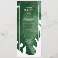 a green and white menu card with the words dinner on it