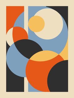 an abstract painting with orange, blue and black circles