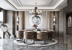 an elegant dining room with marble flooring and chandelier hanging from the ceiling