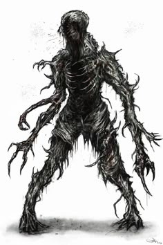 a drawing of a creepy creature with long legs and large arms, standing in front of a