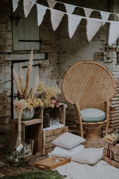 an image of a chair and table with flowers in it on the left and right side