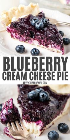 blueberry cream cheese pie on a plate with a fork