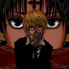 an anime character holding his hands to his face with chains around his neck and eyes