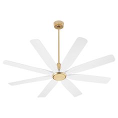 a ceiling fan with five white blades and a light fixture on the top of it