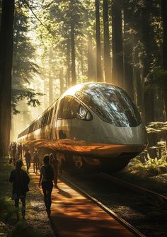 a train traveling through a forest filled with lots of trees and people walking on the side of it