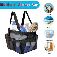 the multi - use shower bag is filled with toiletries