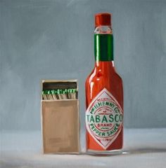 a painting of a bottle of tabasco next to a box of matchsticks