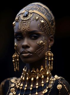 an african woman with gold jewelry on her face and head, wearing a black dress