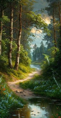 a painting of a path through a forest with flowers and trees in the foreground