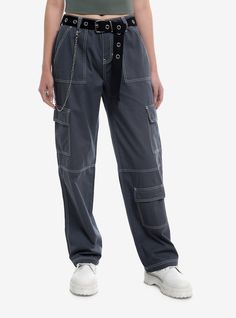 These pants are anything but basic! Elevate your look with these blue-grey carpenter pants  featuring hip  back and cargo pockets. Comes with a removable side chain and grommet belt.Please note: Style is fitted with no stretch; size up for a looser fit.100% cottonWash cold; dry lowNon-stretch materialRise: 12''Inseam: 30''ImportedListed in junior sizesModel is 5'10''Model wears size 3 Girls Black Jeans, Grommet Belt, Pants With Belt, Tall Hoodies, Street Style Outfits Men, Plus Size Fits, Carpenter Pants, Socks And Tights, Elevate Your Look