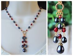 "You really can't go wrong with this classic necklace. It is so elegant and versatile, perfect for all seasons. This lariat style necklace combines luminous baroque black pearl with red garnet crystals. It features a decorative infinity circle plated in 24 karat gold. This necklace measures 16\" in length, with 2 inches extension. The pendant-tassel measures 2\" in length. This stunning necklace is unique, feminine and eye-catching, Perfect for anyone that wants to make a statement or to wear to Elegant Lariat Beaded Necklaces With Adjustable Chain, Elegant Lariat Beaded Necklace With Adjustable Chain, Elegant Beaded Lariat Necklace, Elegant Red Lariat Necklace, Elegant Red Lariat Necklaces, Elegant Beaded Dangle Necklaces With Lobster Clasp, Elegant Beaded Dangle Necklace With Lobster Clasp, Elegant Beaded Lariat Necklace Gift, Elegant Red Beaded Necklace With Lobster Clasp