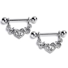 14 Gauge 9/16 Clear Gem Ornate Hearts Dangle Nipple Ring Set - Surgical Grade Stainless Steel Nipple Ring Dangle - Body Candy Piercing Rings, Tongue Rings, Piercing Ring, Heart Top, Belly Rings, Flower Heart, Heart Charm, Ring Set, Body Jewelry