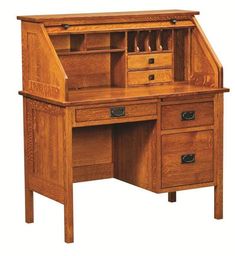 a wooden desk with two drawers and an open book shelf on the top, in front of a white background