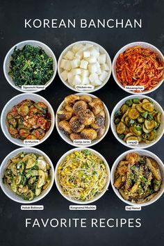 the korean food is in bowls with different toppings