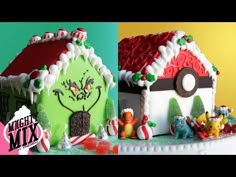 two cakes decorated to look like houses with candy decorations on the top and bottom, one is