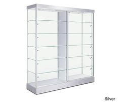 an empty display case with glass shelves on the sides and two shelves in each side