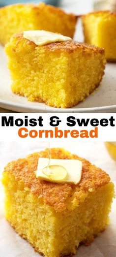 two pictures side by side of cornbread with butter on top