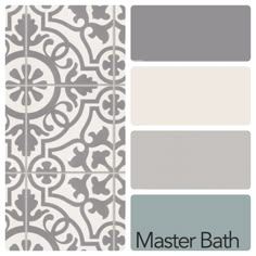 the color scheme for this bathroom is gray and white, with an ornate pattern on it