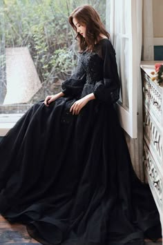 Black Tulle Long Sleeve Prom Dress, Black A-Line Evening Dress, Customized service and Rush order are available Rich Party, Black Long Sleeve Prom Dress, Lace Long Prom Dress, Prom Dress Black, Floral Dress Formal, A Line Evening Dress, Floor Length Prom Dresses, Long Evening Dress, Long Sleeve Prom