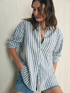 Laguna Linen Relaxed Shirt - Blue Lucy Stripe | Faherty Brand Linen Tops With Button Closure For Vacation, Beach Linen Button-up Top, Linen Button-up Top For Beach, Beach Button-up Linen Top, Spring Vacation Unstructured Shirt, Unstructured Spring Vacation Shirt, Summer Linen Tops With Button Closure, Relaxed Fit Shirt For Summer Daywear, Linen Shirt For Beach Days In Spring