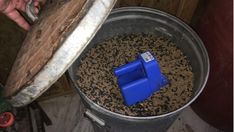 a bucket full of bird seed next to a person's hand holding an object