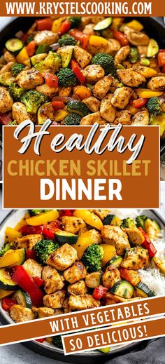 the healthy chicken skillet dinner with vegetables and rice is ready to be eaten on the table