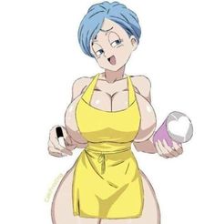 a woman with blue hair in a yellow bathing suit