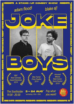 the poster for joke boys shows two men in front of a blue and yellow background