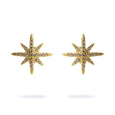 Bring the magic and sparkle of the stars to your style with the Guidance North Star Gold & Diamond Stud Earrings. These stunning earrings are 18k gold-plated on sterling silver and adorned with radiant diamonds, capturing the brilliance and mystery of the North Star.  Perfect for adding a touch of celestial elegance to any outfit, these earrings will illuminate your look with their dazzling beauty and timeless charm. Details 18k gold plated on Sterling Silver Cz Diamonds Avoid contact with chemicals, makeup, parfume. Do not use dips or abrasive cleaners on earrings. To clean and brighten it up your earrings, wipe them gently with jewelry polishing cloth. Elegant Star-shaped Earrings With Sparkling Stones, Elegant Star-shaped Gold Plated Earrings, Elegant Star-shaped Sparkling Earrings, Elegant Gold-plated Star Earrings, Elegant Gold Plated Star Earrings, Celestial Star-shaped Sparkling Earrings, Celestial Gold Cubic Zirconia Earrings, Gold Celestial Cubic Zirconia Earrings, Celestial Yellow Gold Cubic Zirconia Earrings