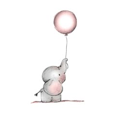 an elephant is flying with a balloon in it's trunk and has its trunk up to the ground