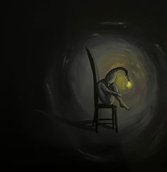 a painting of a person sitting on a chair in the dark