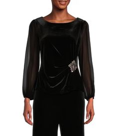 Alex Evenings Long Illusion Sleeve Scoop Neck Embellished Waist Stretch Velvet Blouse | Dillard's Formal Embellished Tops For Fall, Embellished Formal Top For Fall, Padded Fitted Blouse For Evening, Velvet Blouse, Evening Tops, Alex Evenings, Velvet Blouses, Stretch Velvet, Dressy Tops