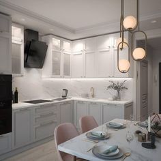 a white kitchen with marble counter tops and pink chairs in front of the stove top oven