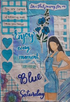 a drawing of a woman holding a blue flower in front of a window with words on it