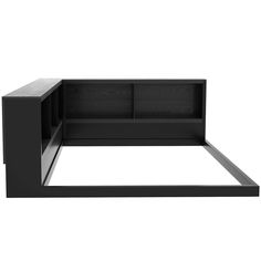 a black bed frame with two open compartments on the top and bottom, in front of a white background